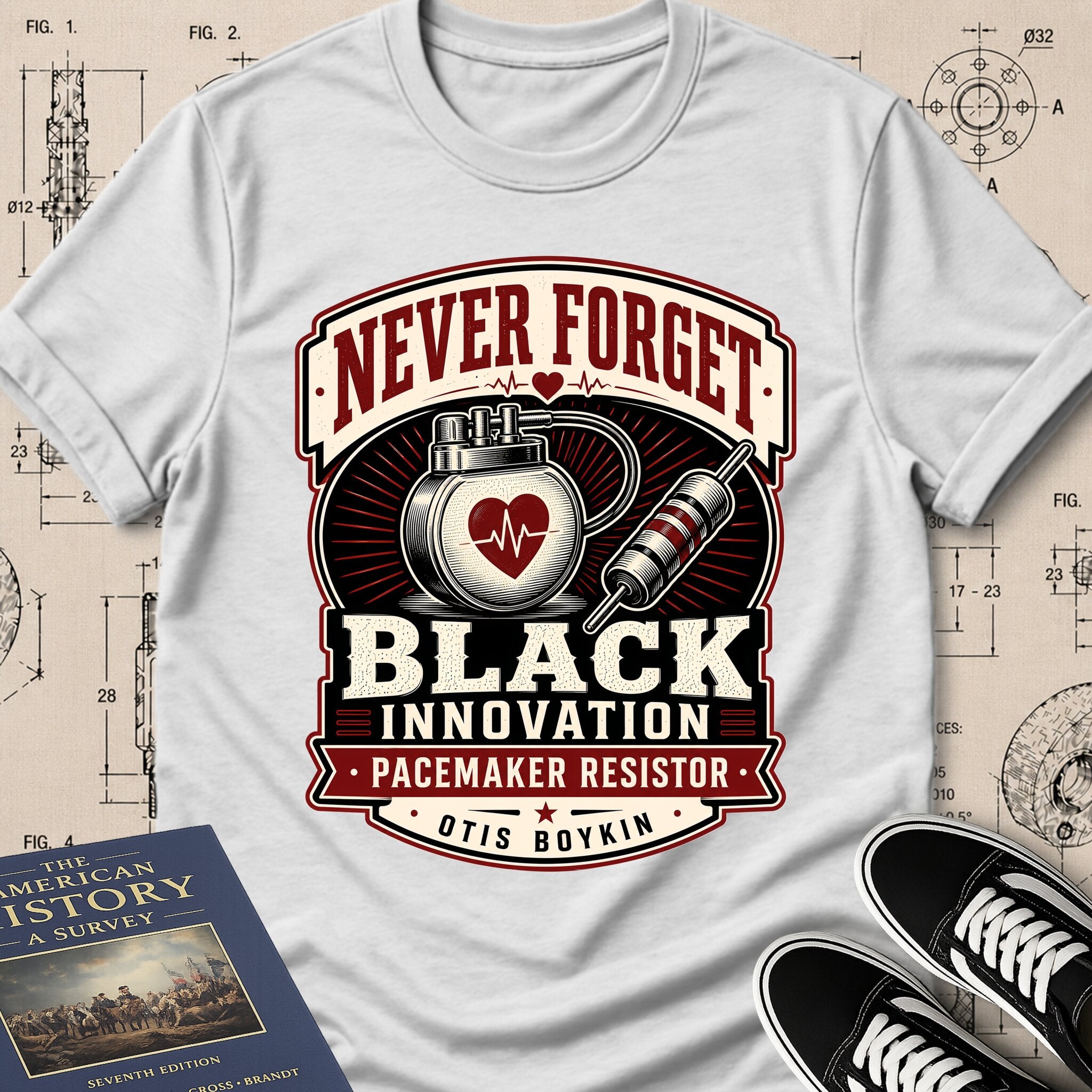 Otis Boykin — Pacemaker Resistor — Never Forget Black Innovation T-Shirt | Buillth