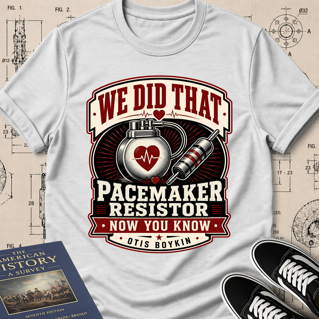 Otis Boykin — Pacemaker Resistor archival badge t-shirt design, Buillth Never Forget collection