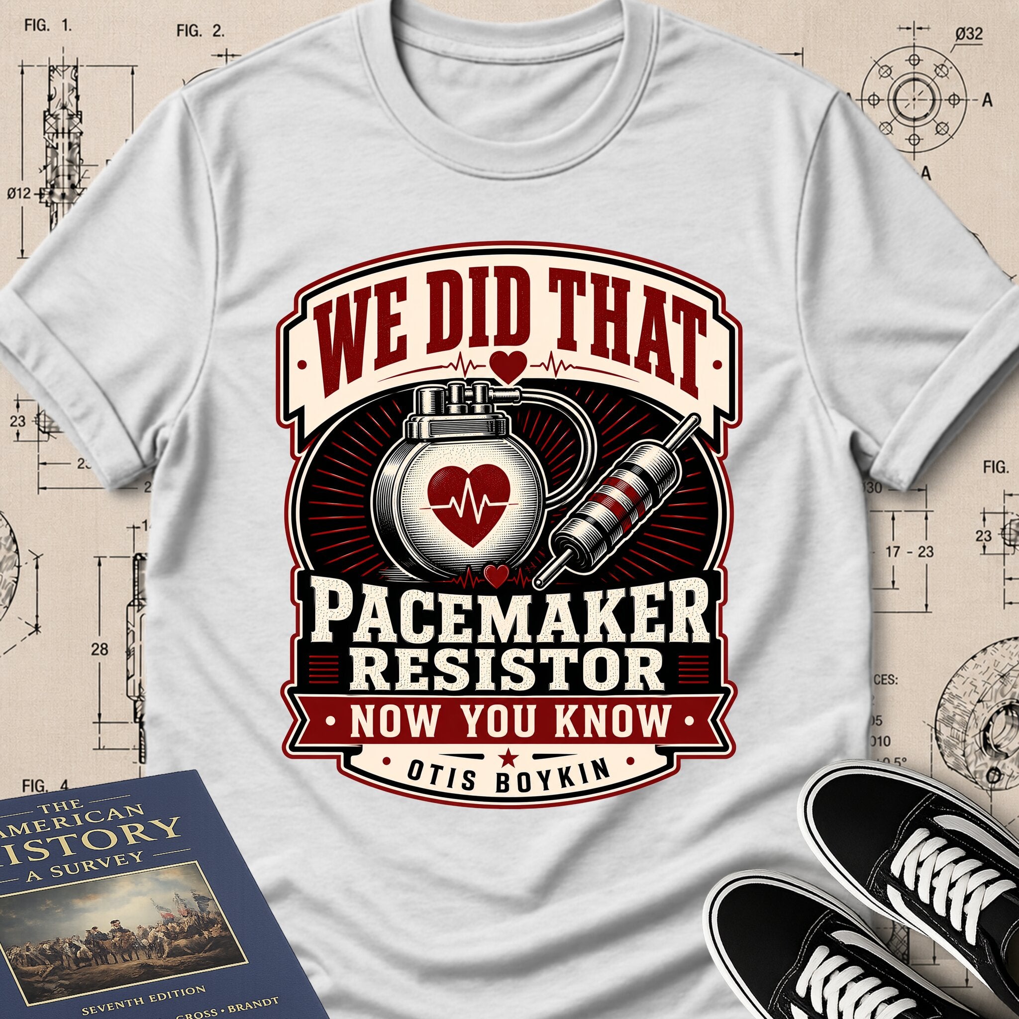 Otis Boykin — Pacemaker Resistor archival badge t-shirt design, Buillth Never Forget collection