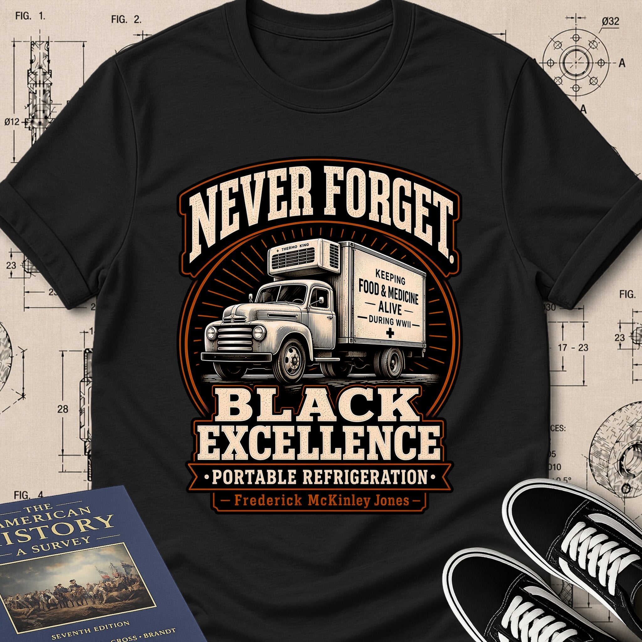 Frederick McKinley Jones — Portable Refrigeration archival badge t-shirt design, Buillth Never Forget collection