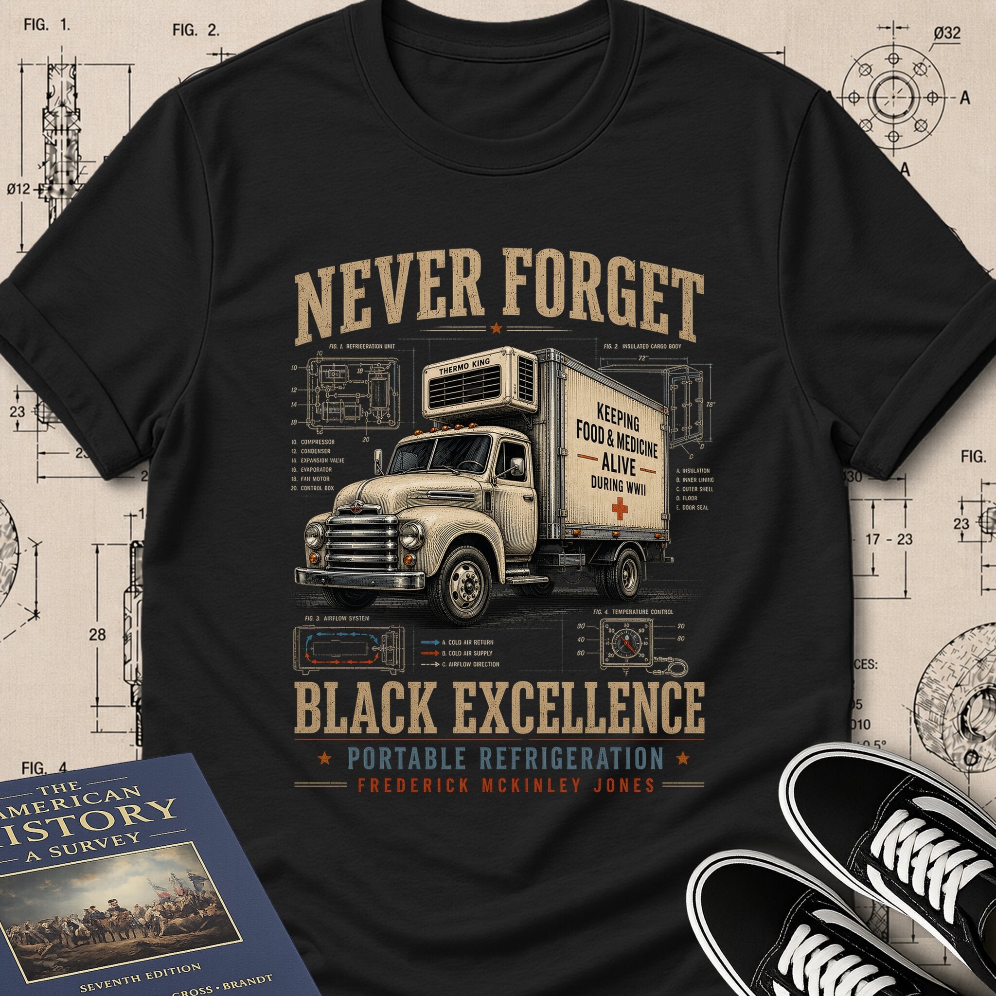 Frederick McKinley Jones — Portable Refrigeration museum-archive badge t-shirt design, Buillth