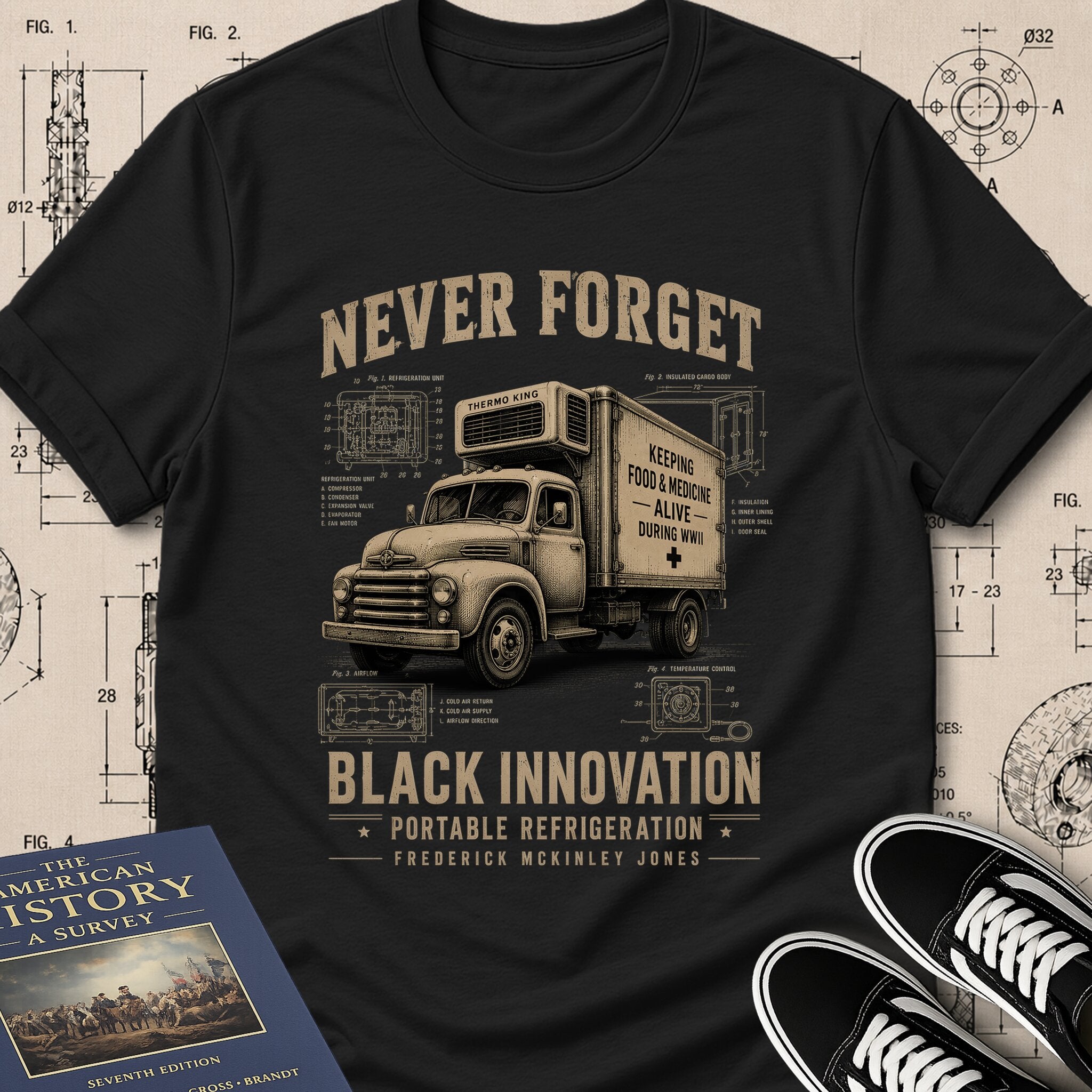 Frederick McKinley Jones — Portable Refrigeration museum-archive badge t-shirt design, Buillth