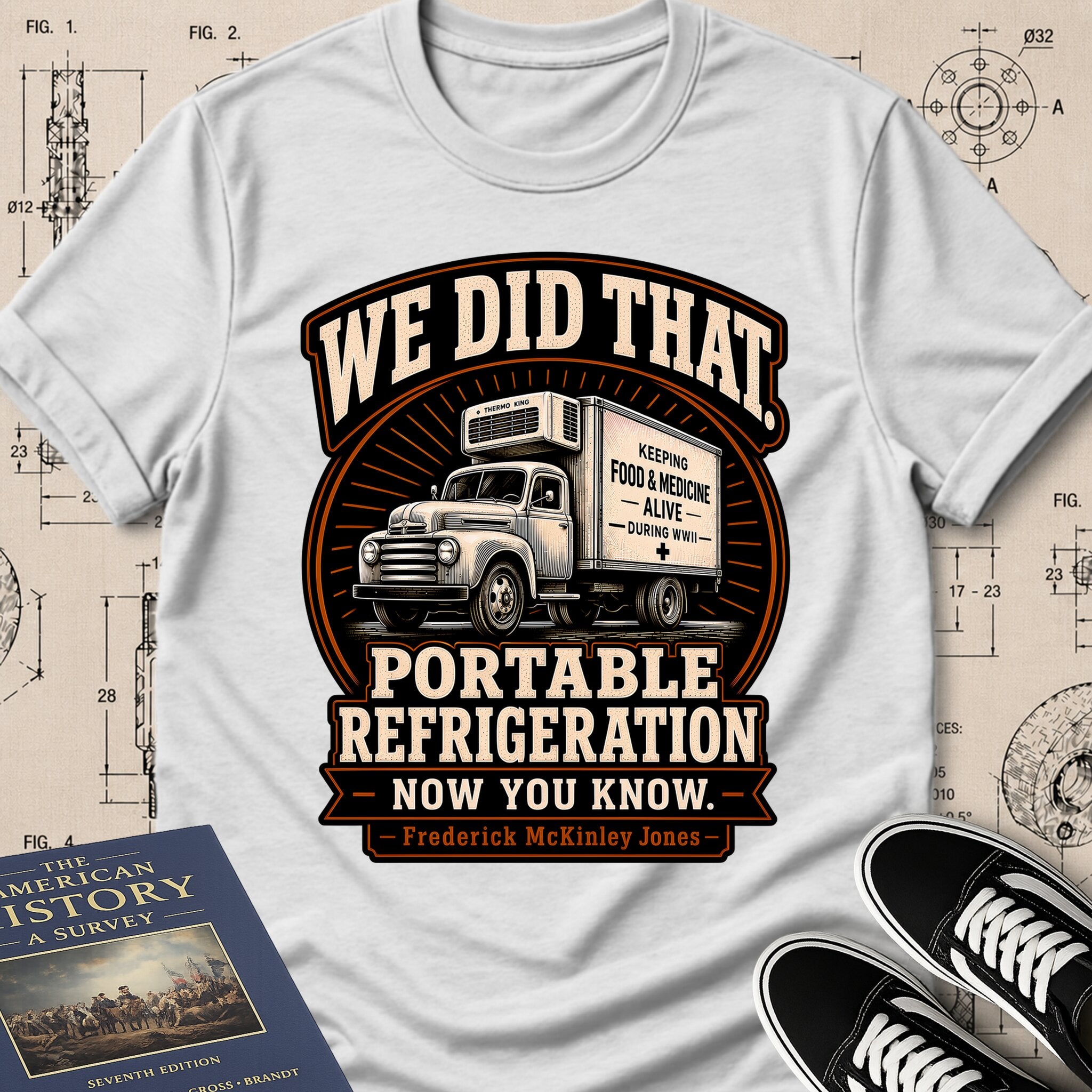 Frederick McKinley Jones — Portable Refrigeration archival badge t-shirt design, Buillth Never Forget collection