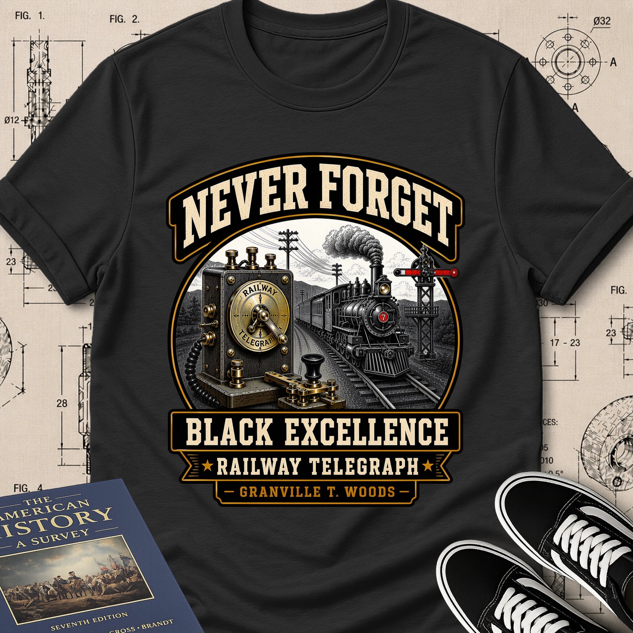 Granville T. Woods — Railway Telegraph — Never Forget Black Excellence T-Shirt | Buillth