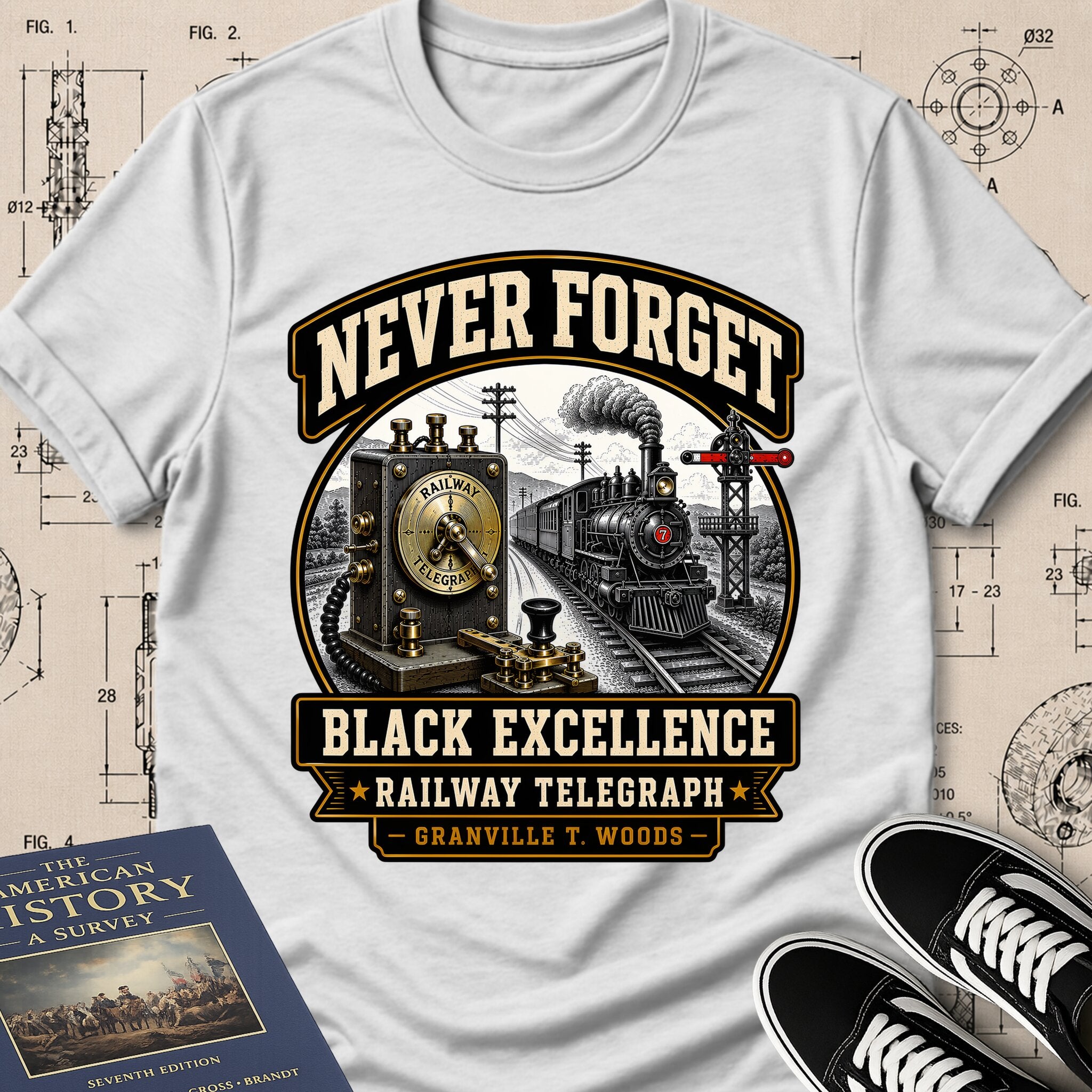 Granville T. Woods — Railway Telegraph — Never Forget Black Excellence T-Shirt | Buillth