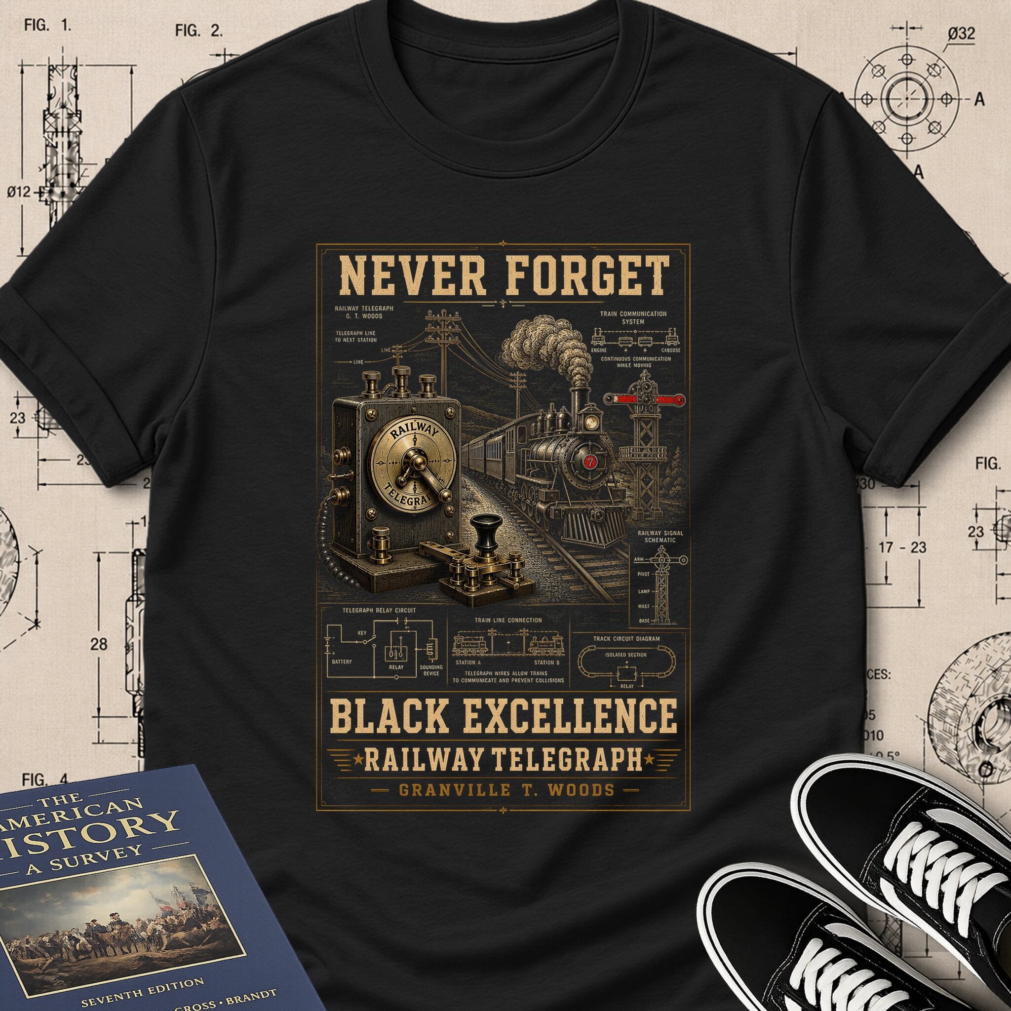 Granville T. Woods — Railway Telegraph museum-archive badge t-shirt design, Buillth