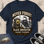 Granville T. Woods — Railway Telegraph archival badge t-shirt design, Buillth Never Forget collection