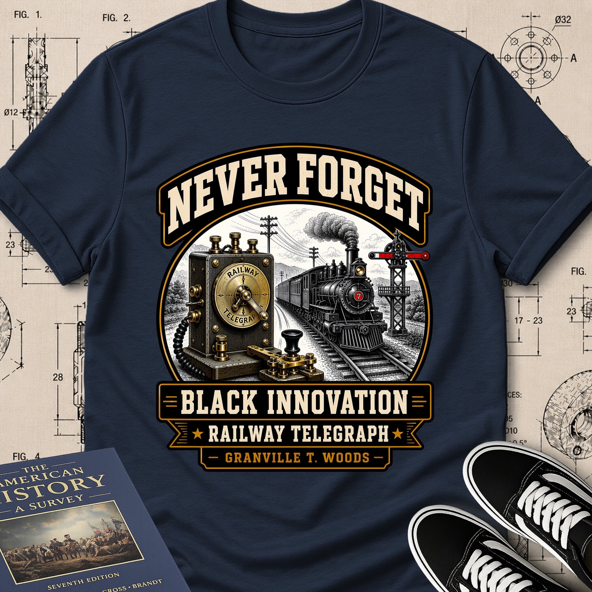 Granville T. Woods — Railway Telegraph archival badge t-shirt design, Buillth Never Forget collection