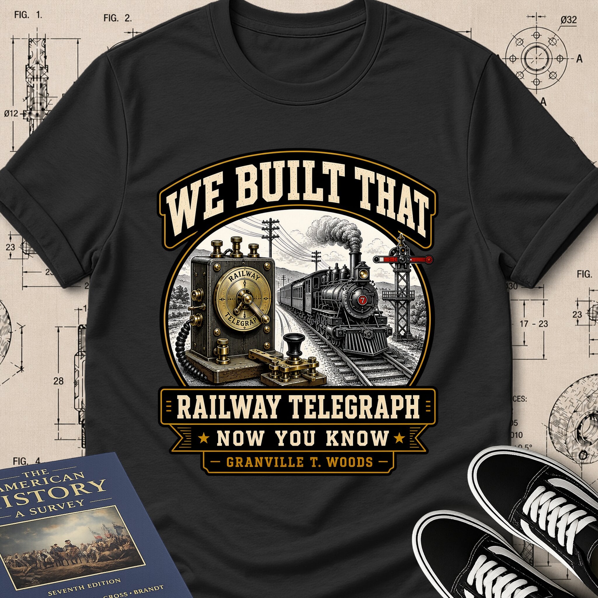 Granville T. Woods — Railway Telegraph archival badge t-shirt design, Buillth Never Forget collection