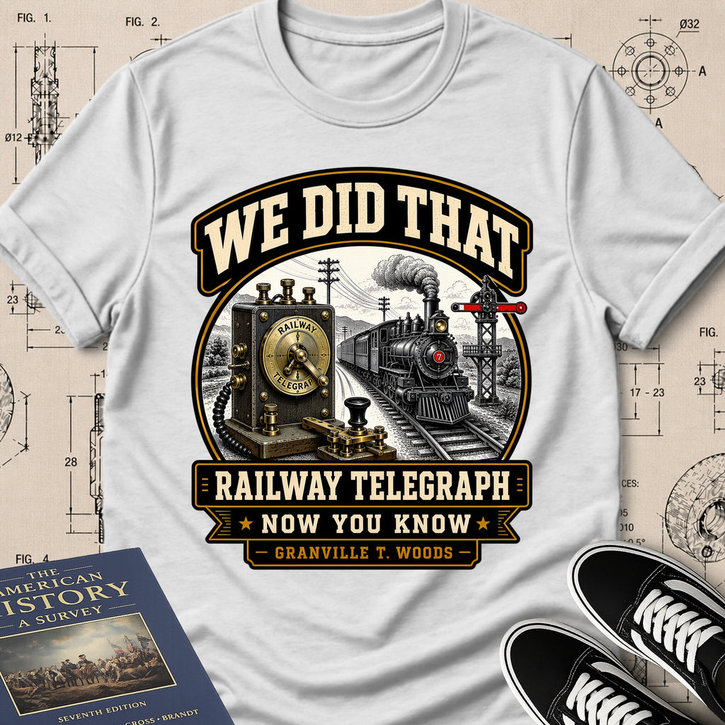 Granville T. Woods — Railway Telegraph archival badge t-shirt design, Buillth Never Forget collection