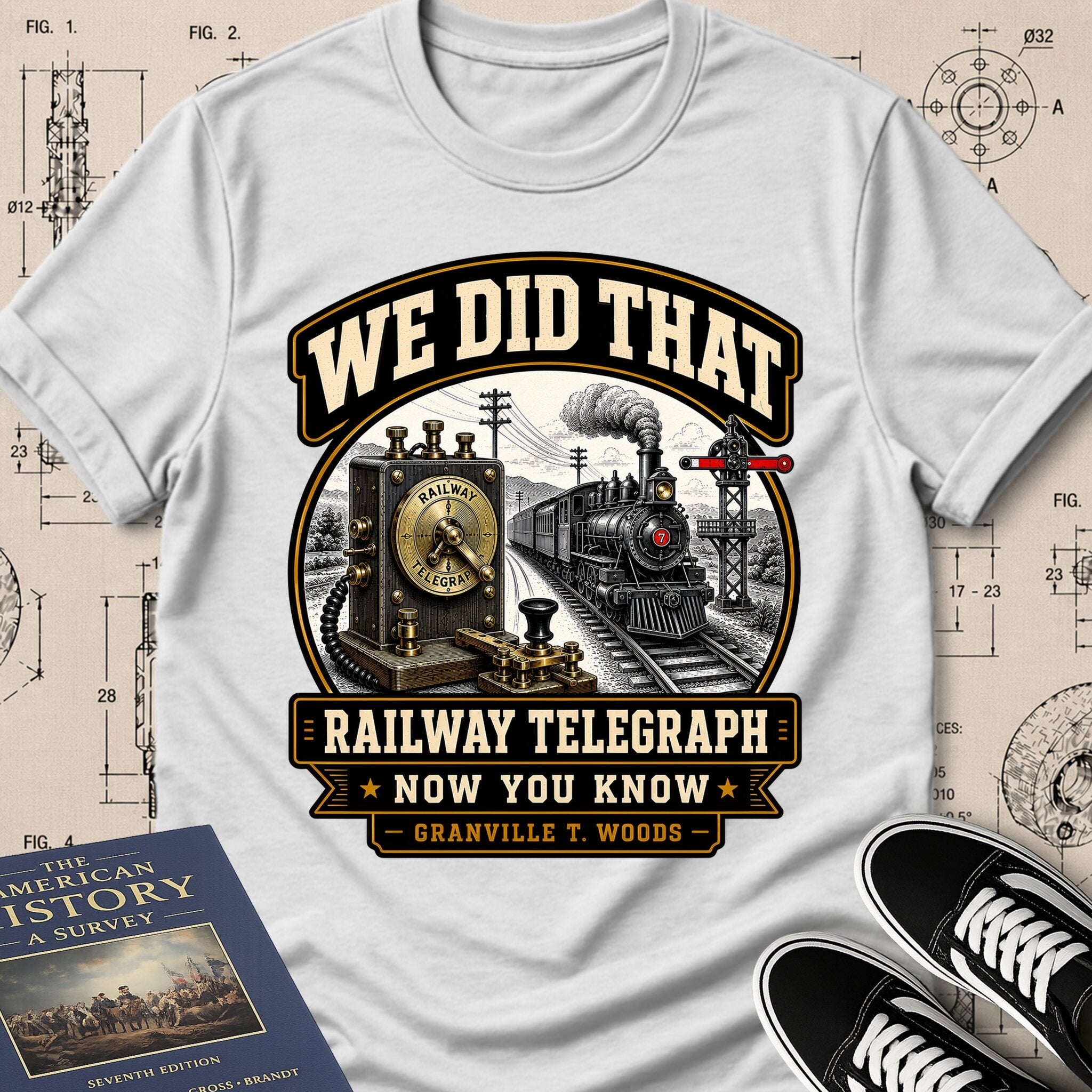 Granville T. Woods — Railway Telegraph archival badge t-shirt design, Buillth Never Forget collection