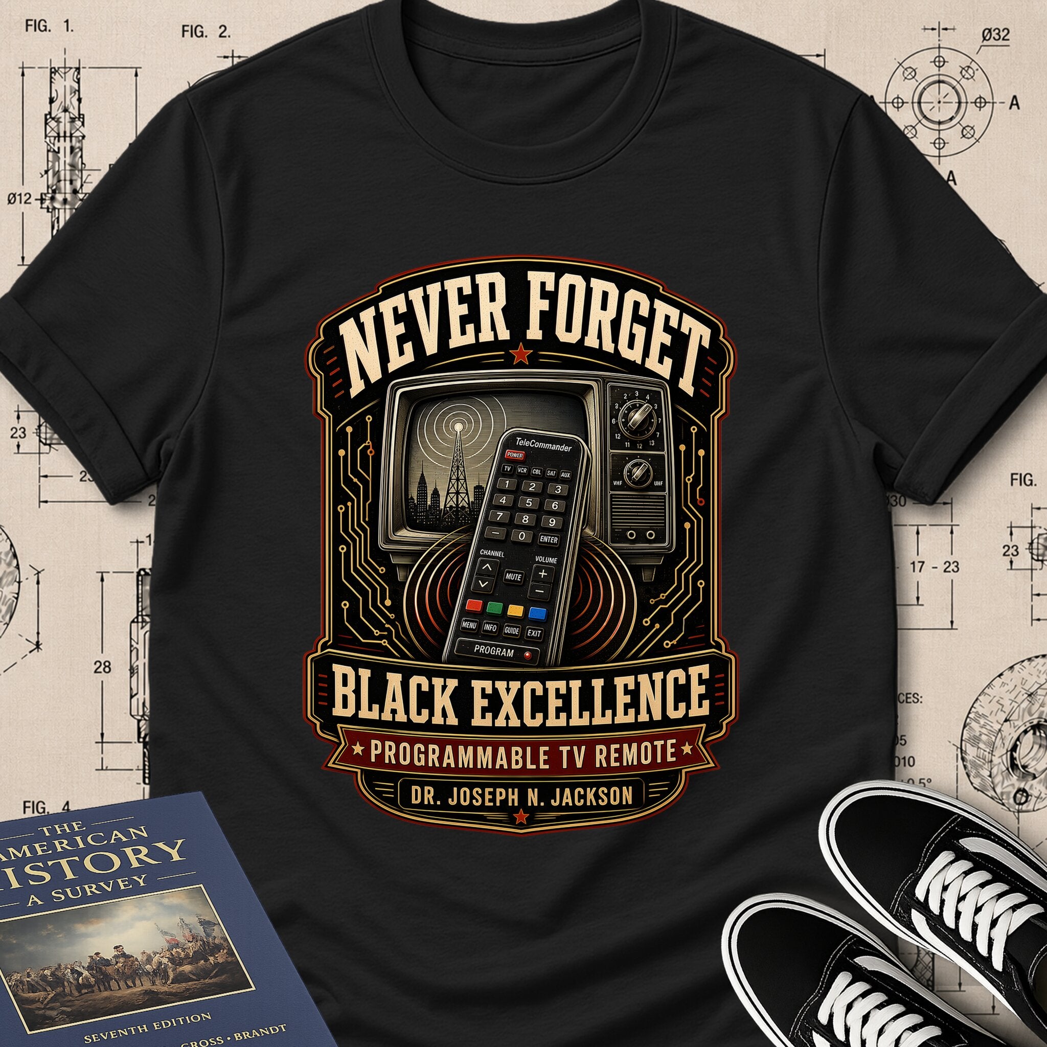 Dr. Joseph Jackson — Programmable TV Remote archival badge t-shirt design, Buillth Never Forget collection