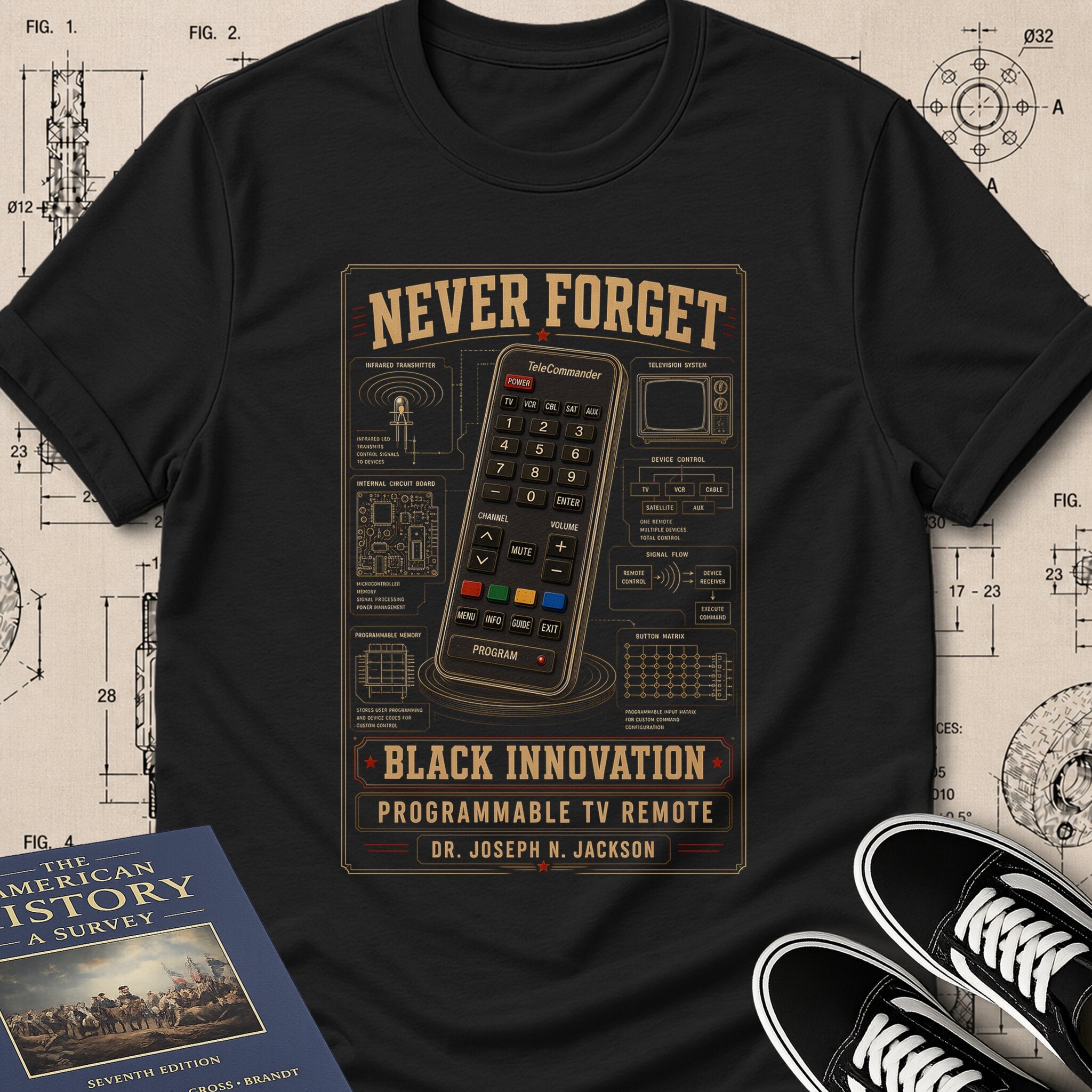 Dr. Joseph Jackson — Programmable TV Remote — Never Forget Black Innovation T-Shirt | Buillth