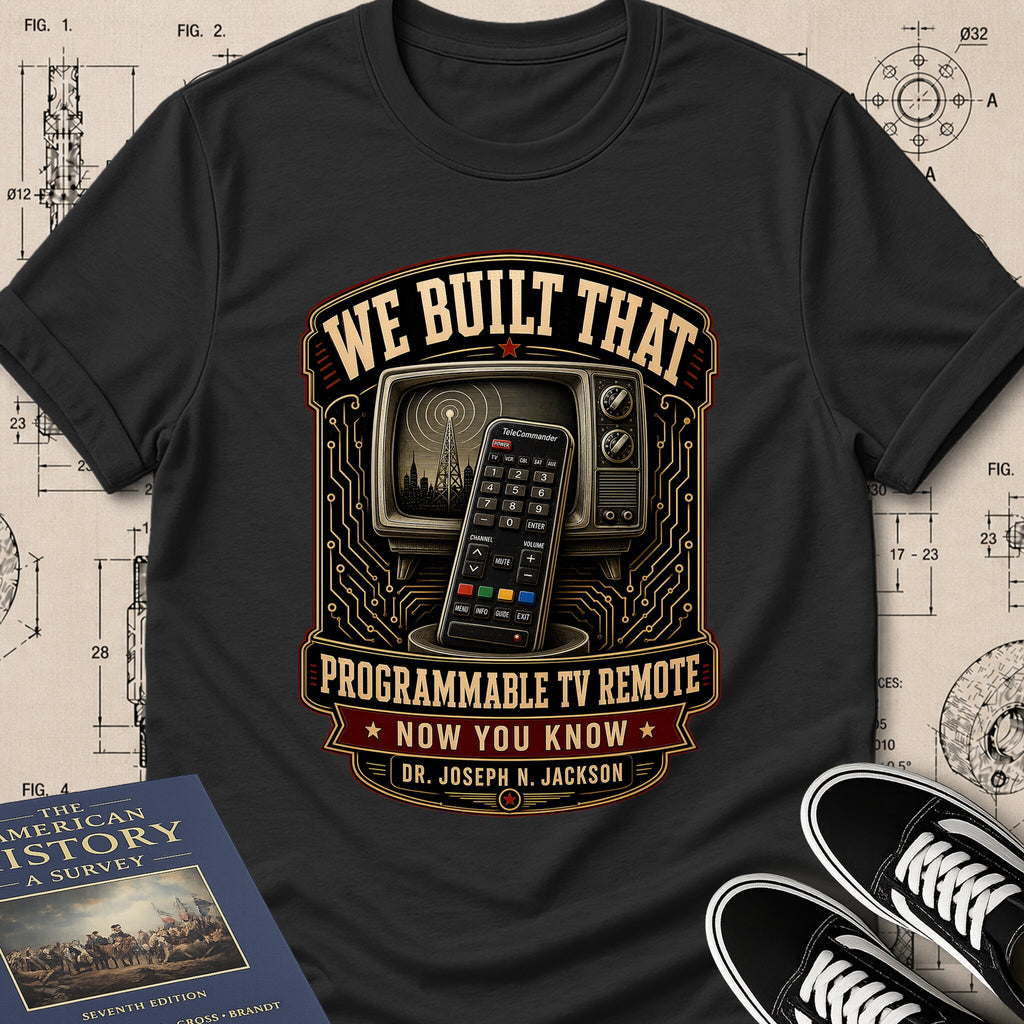 Dr. Joseph Jackson — Programmable TV Remote archival badge t-shirt design, Buillth Never Forget collection