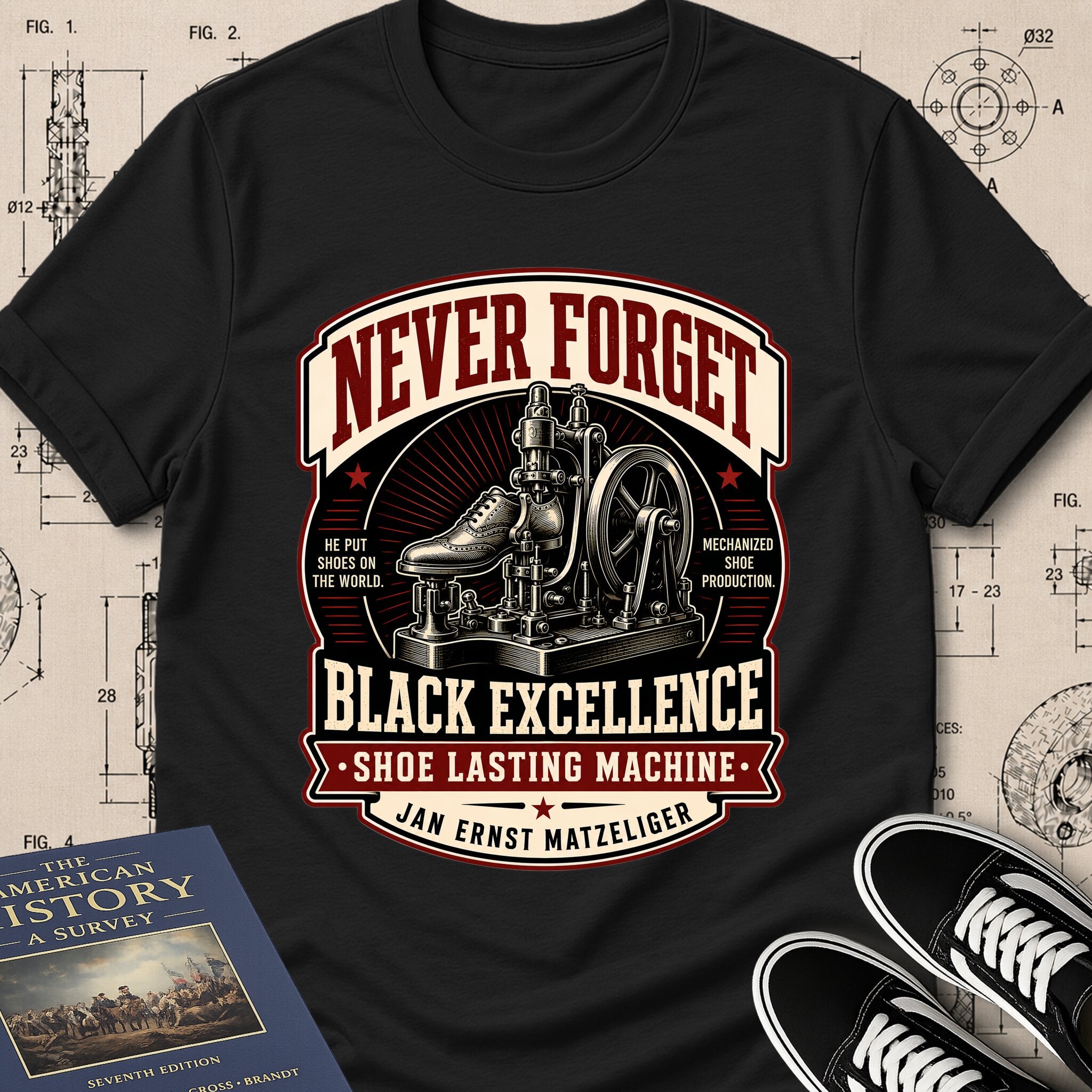 Jan Ernst Matzeliger — Shoe Lasting Machine archival badge t-shirt design, Buillth Never Forget collection