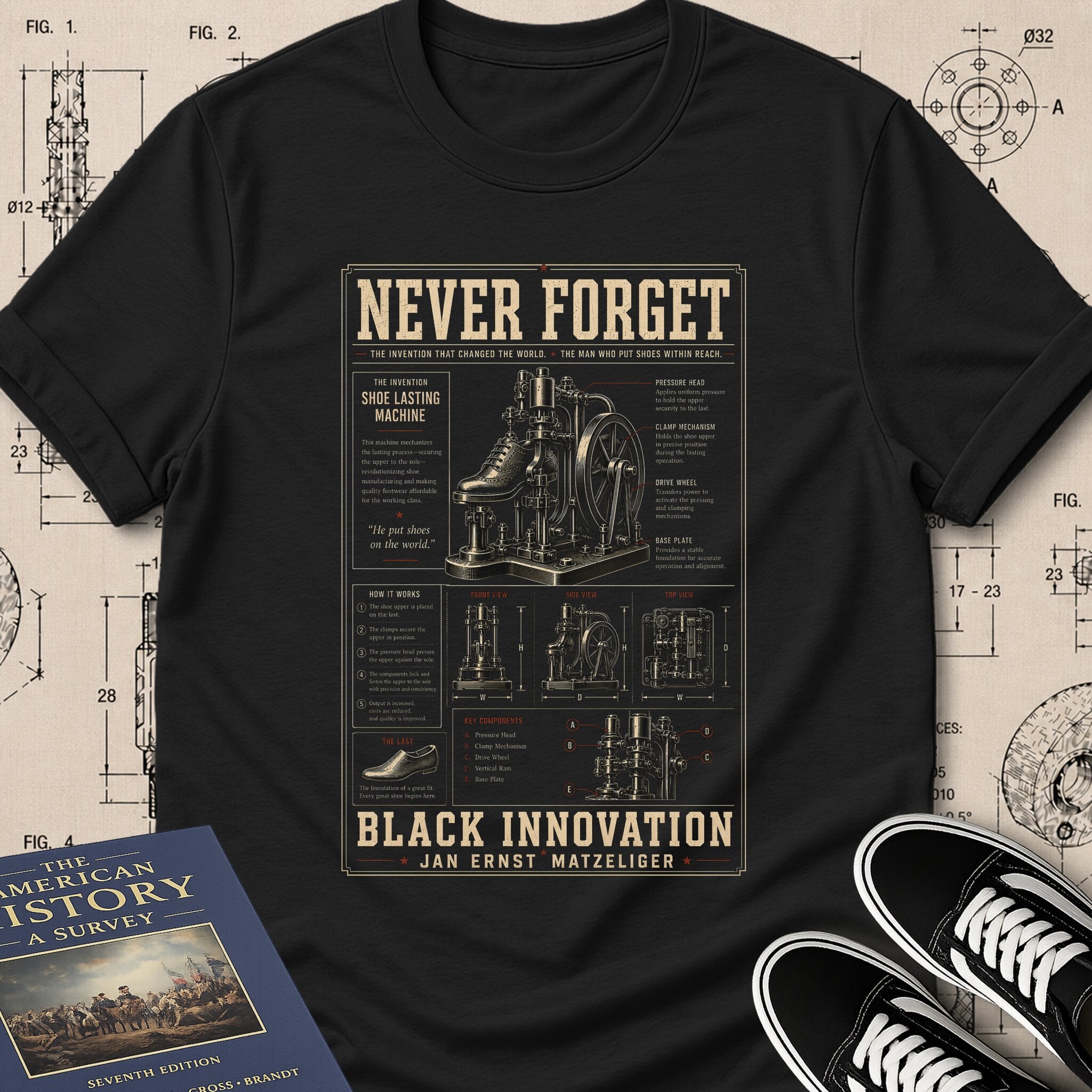 Jan Ernst Matzeliger — Shoe Lasting Machine museum-archive badge t-shirt design, Buillth