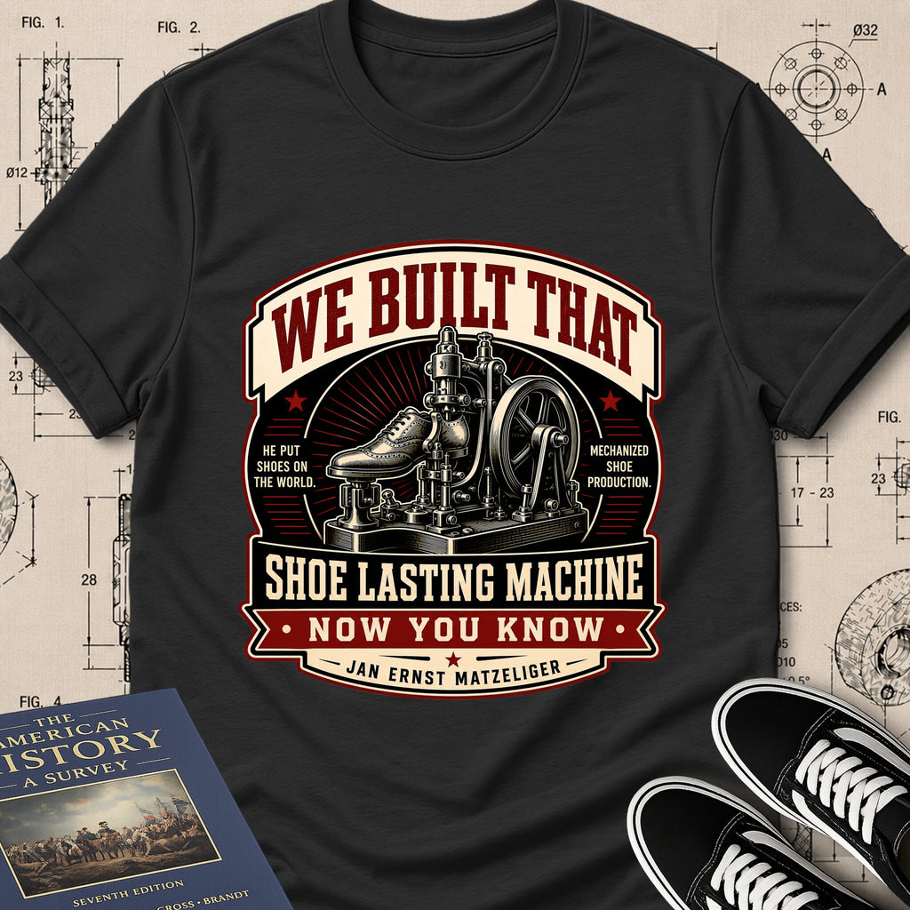 Jan Ernst Matzeliger — Shoe Lasting Machine archival badge t-shirt design, Buillth Never Forget collection