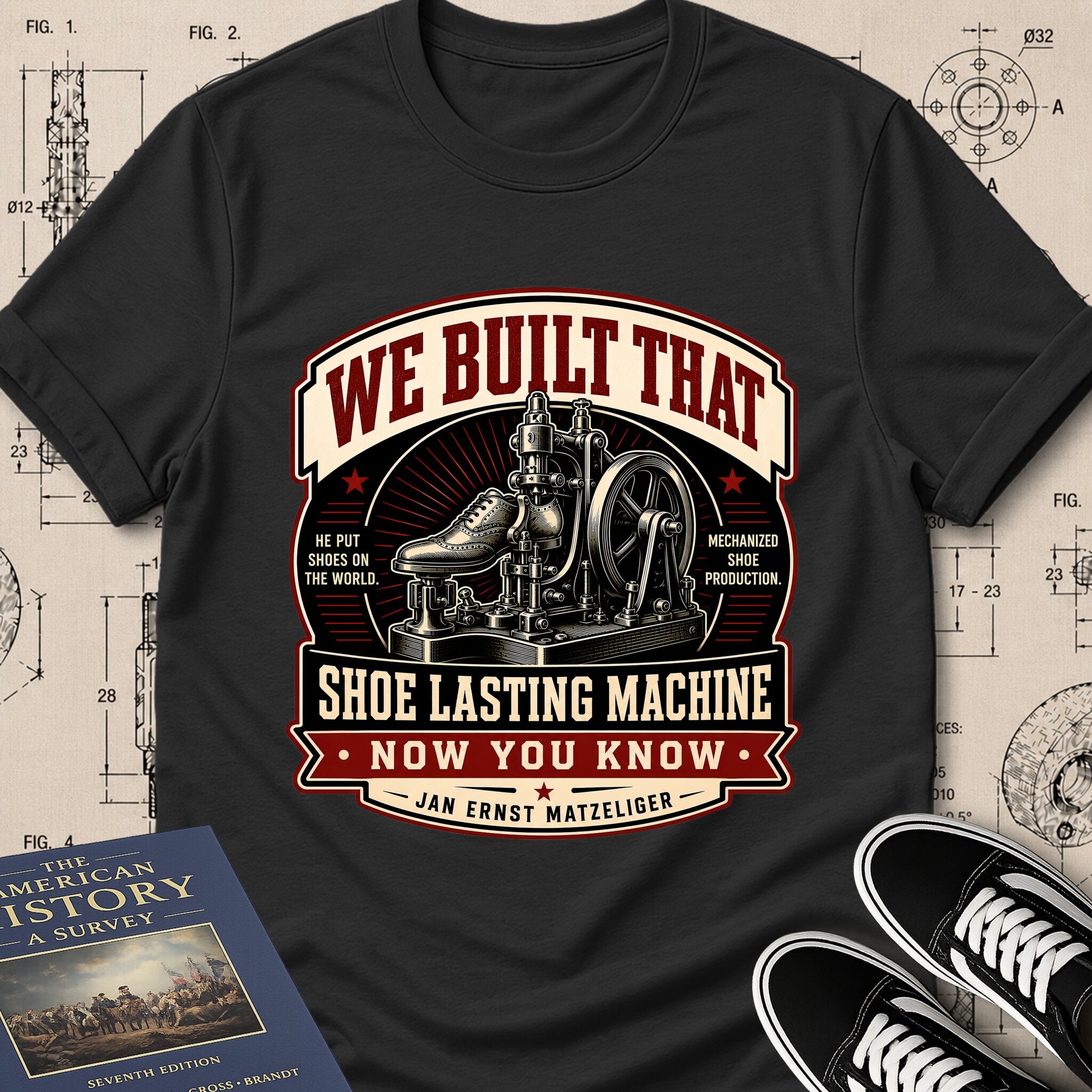 Jan Ernst Matzeliger — Shoe Lasting Machine archival badge t-shirt design, Buillth Never Forget collection