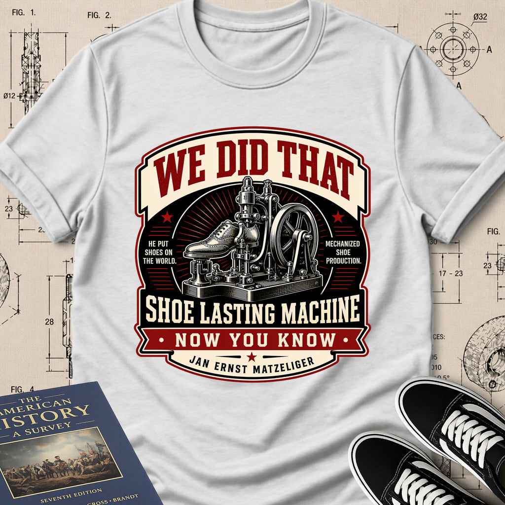 Jan Ernst Matzeliger — Shoe Lasting Machine archival badge t-shirt design, Buillth Never Forget collection