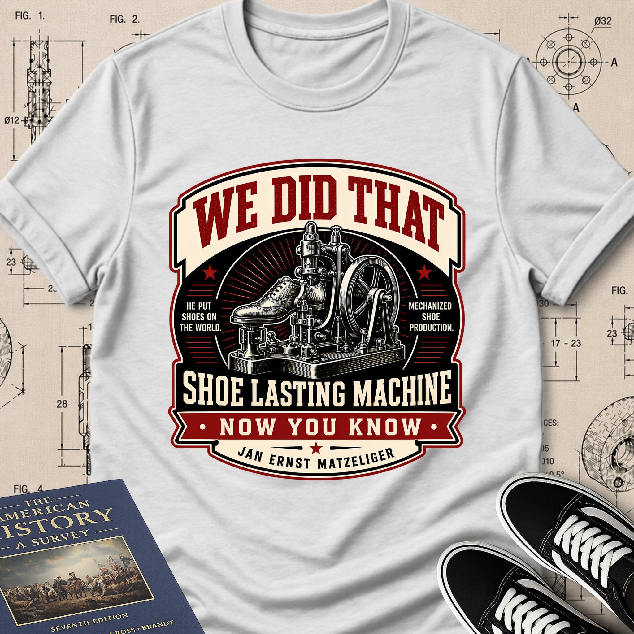 Jan Ernst Matzeliger — Shoe Lasting Machine archival badge t-shirt design, Buillth Never Forget collection