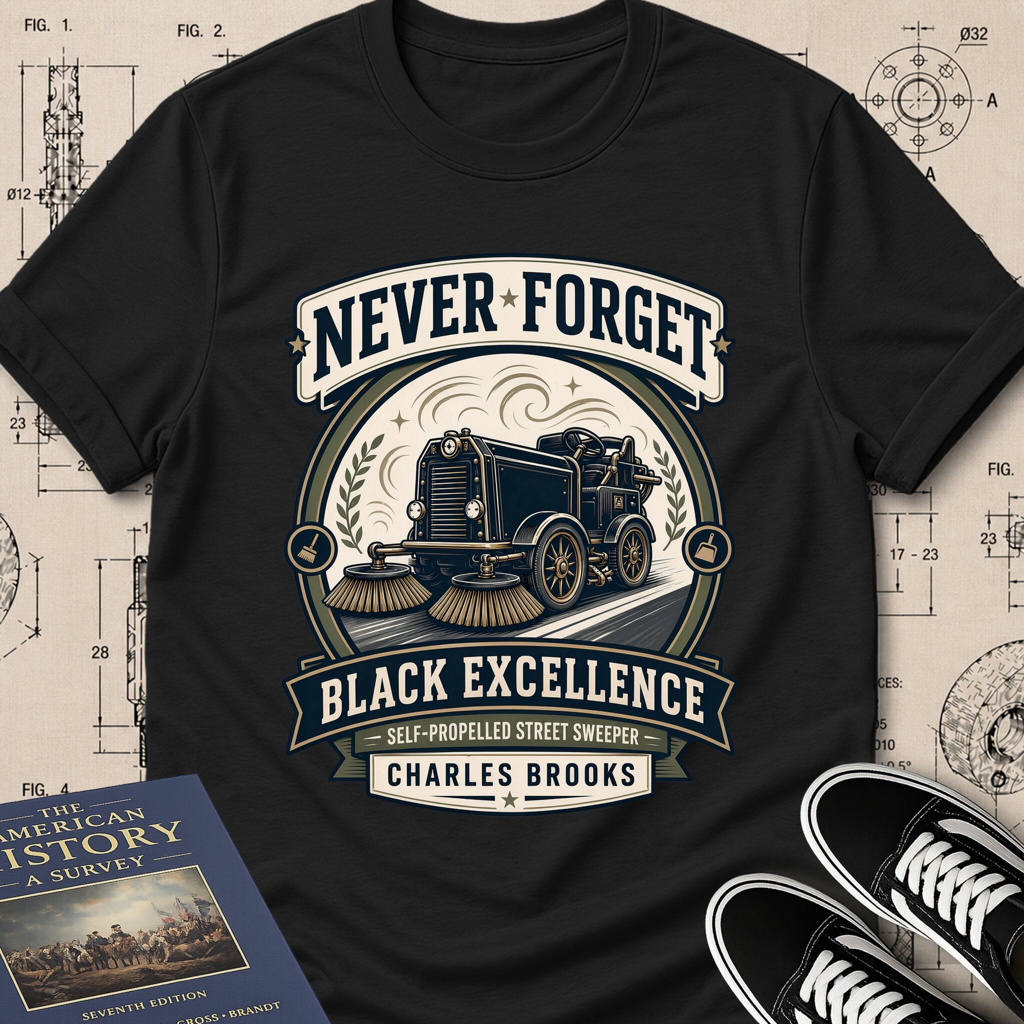 Charles B. Brooks — Street Sweeper archival badge t-shirt design, Buillth Never Forget collection