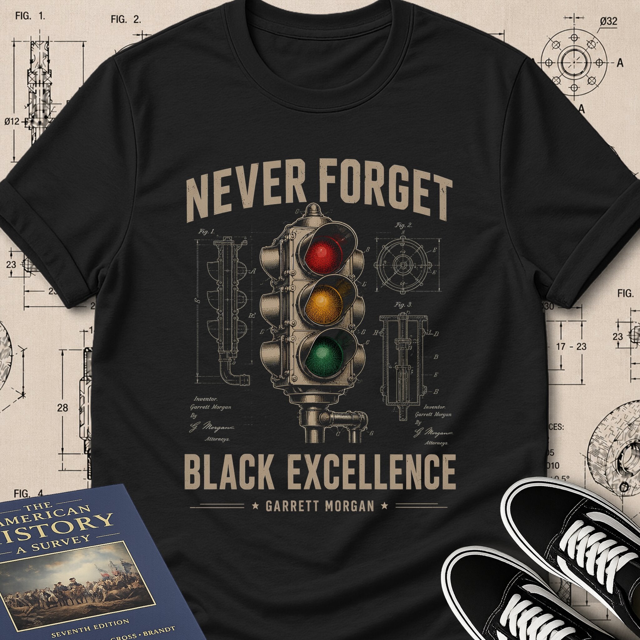 Garrett Augustus Morgan — Traffic Signal museum-archive badge t-shirt design, Buillth