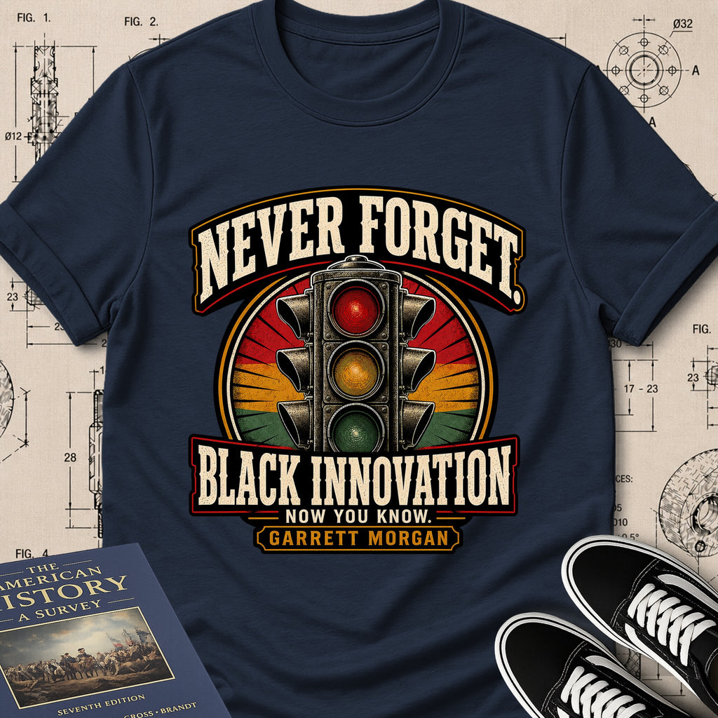 Garrett Augustus Morgan — Traffic Signal archival badge t-shirt design, Buillth Never Forget collection