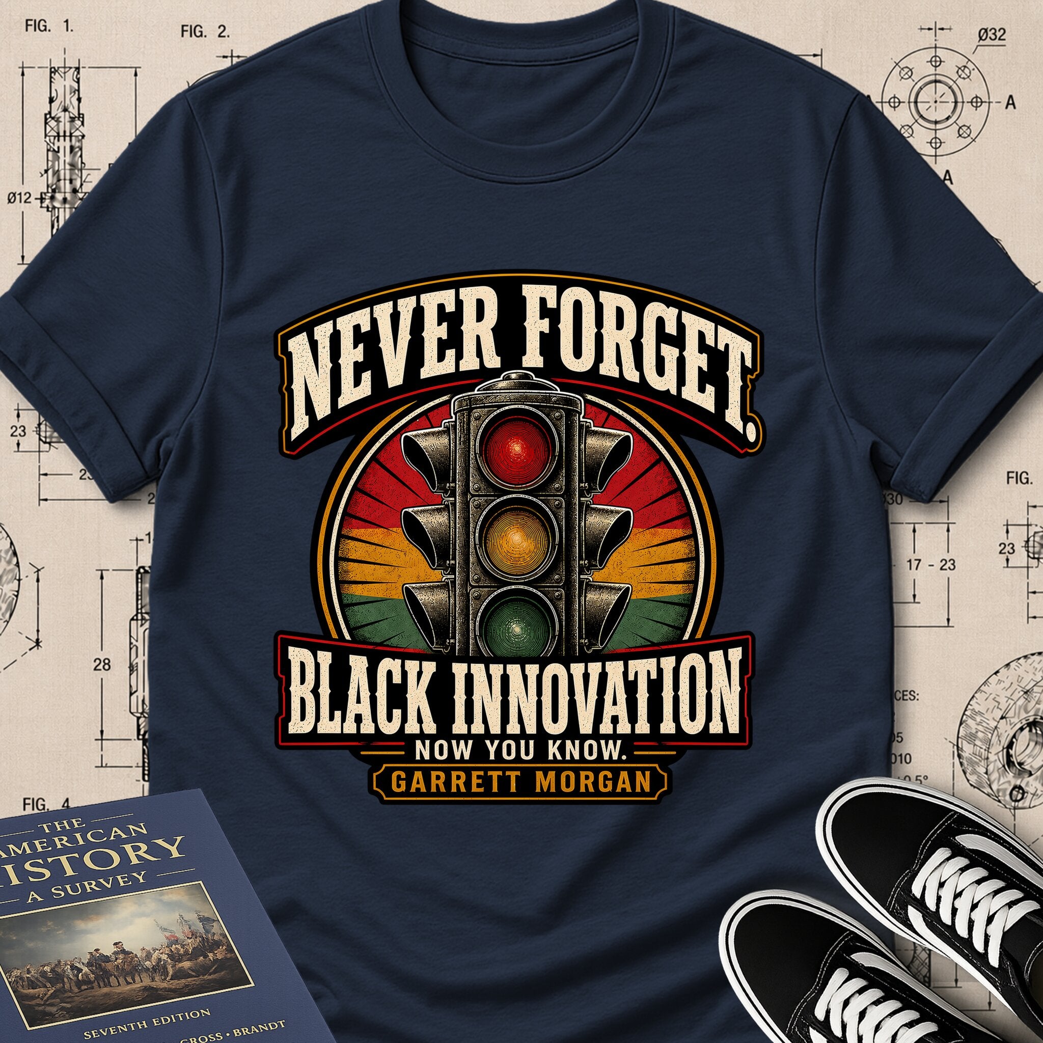 Garrett Augustus Morgan — Traffic Signal archival badge t-shirt design, Buillth Never Forget collection
