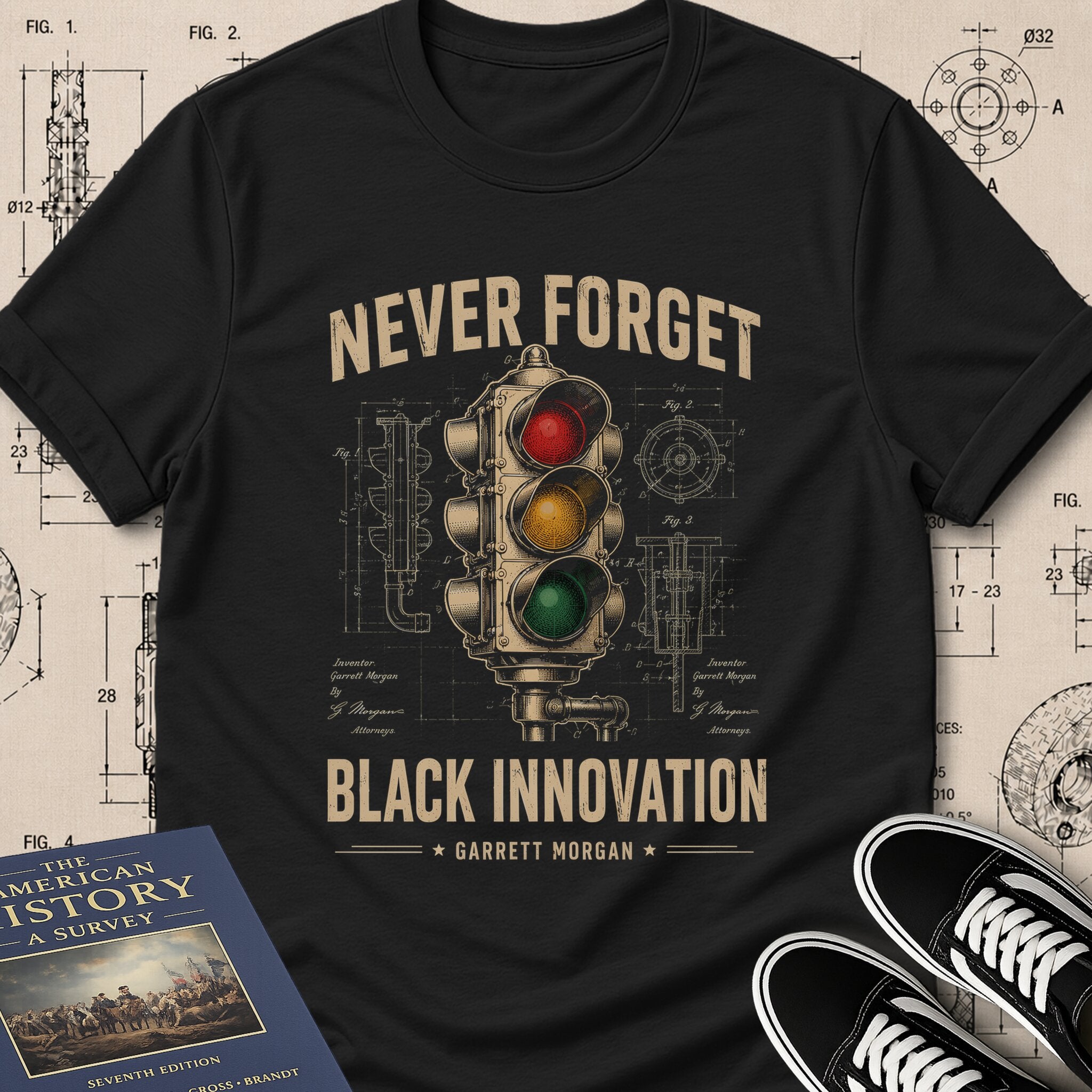 Garrett Augustus Morgan — Traffic Signal museum-archive badge t-shirt design, Buillth