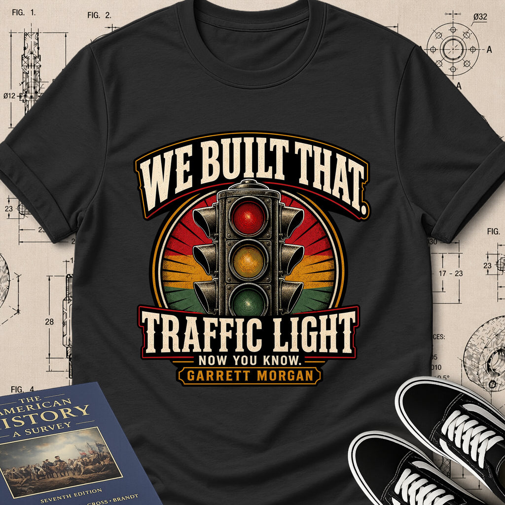 Garrett Augustus Morgan — Traffic Signal archival badge t-shirt design, Buillth Never Forget collection