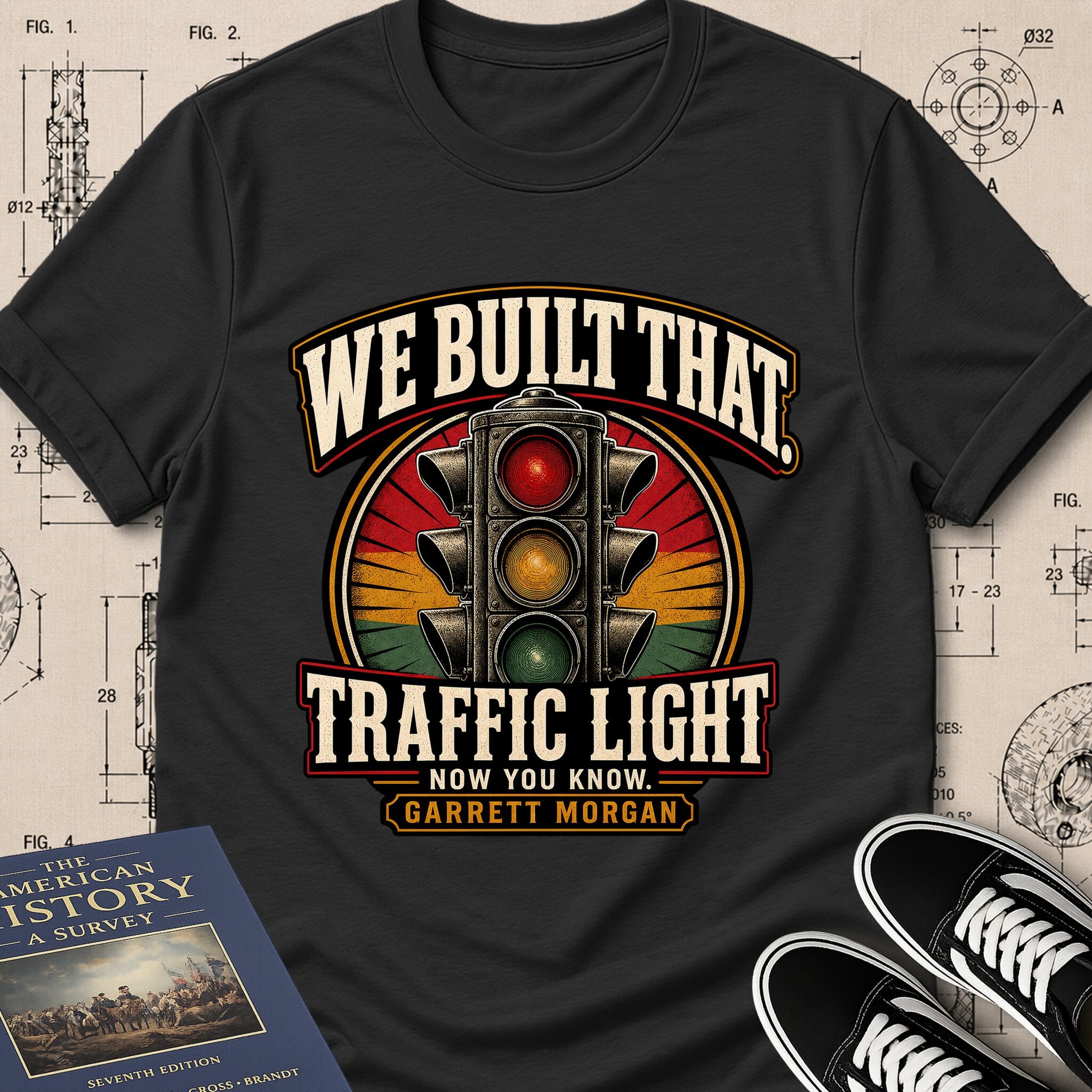 Garrett Augustus Morgan — Traffic Signal archival badge t-shirt design, Buillth Never Forget collection