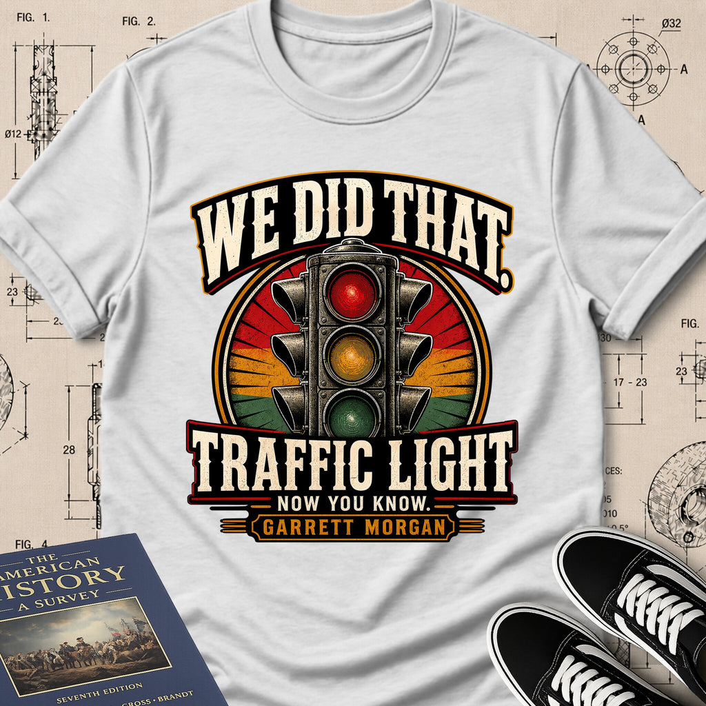 Garrett Augustus Morgan — Traffic Signal archival badge t-shirt design, Buillth Never Forget collection