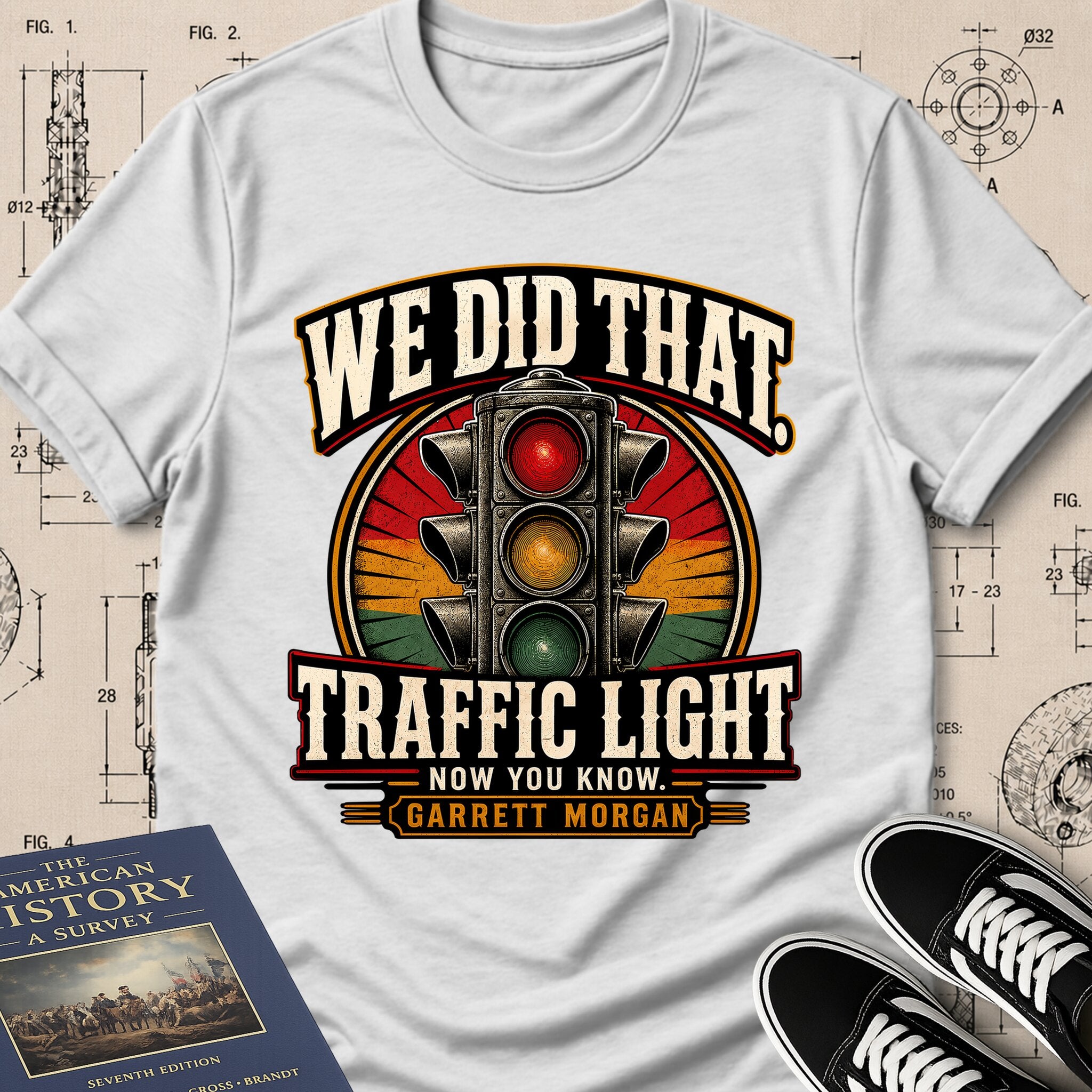 Garrett Augustus Morgan — Traffic Signal archival badge t-shirt design, Buillth Never Forget collection